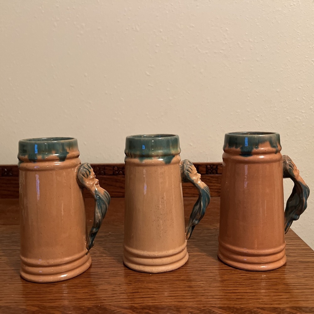 (3) Vintage Horton Ceramics Beer Stein Coffee Mug Bearded Man Handle 6" Tall